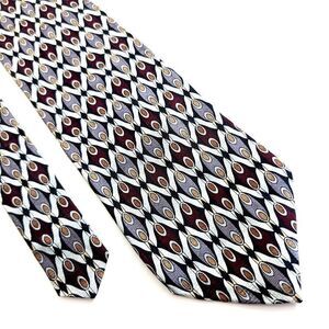 Martin Wong Red Silver Tan Print Short Wide Silk Tie‎